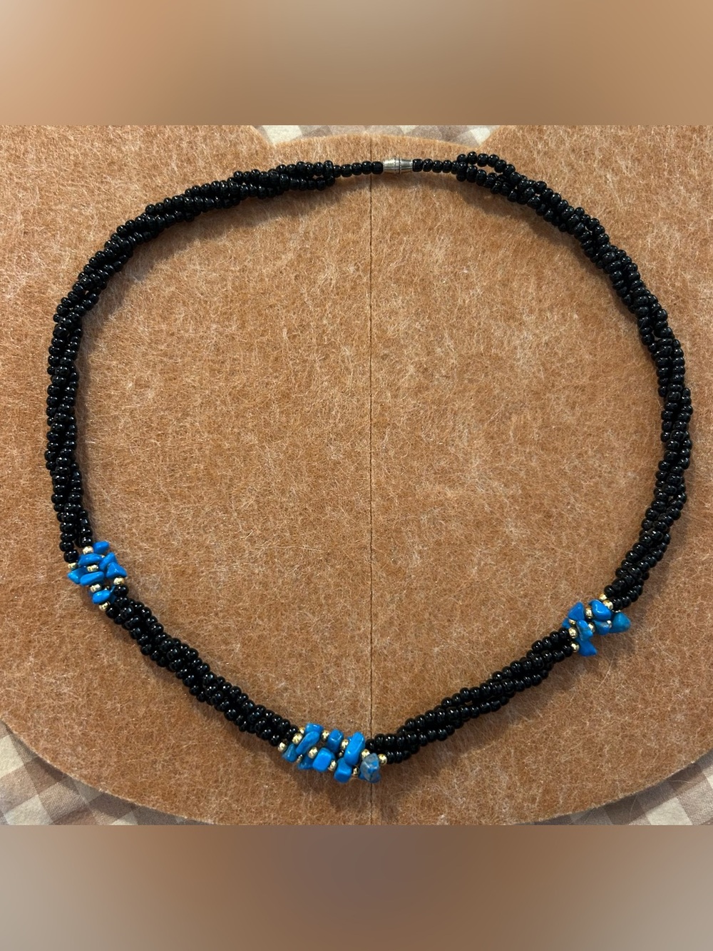 Handcrafted Black Bead Necklace with Blue Accent Stones
